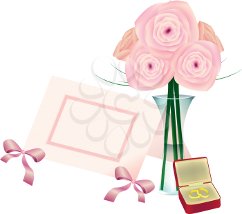 Royalty Free Clipart Image of Flowers in a Vase, a Name Card and Rings