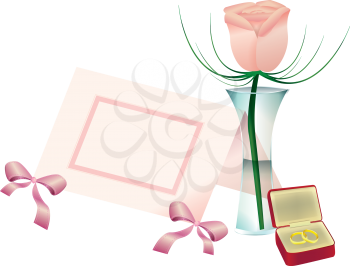 Royalty Free Clipart Image of a Flower in a Vase, a Name Card and a Jewellery Box