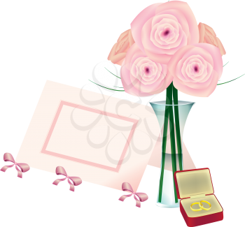 Royalty Free Clipart Image of Flowers, a Place Card and a Jewellery Box With Rings