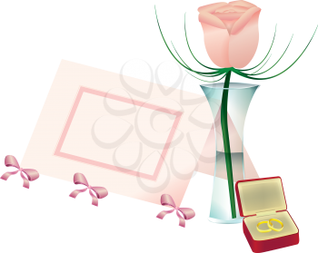 Royalty Free Clipart Image of a Flower in a Vase, a Place Card and Rings in a Jewellery Box
