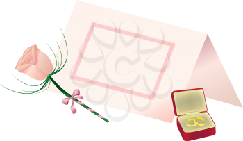 Royalty Free Clipart Image of a Rosebud, Place Card and Rings in a Jewellery Box