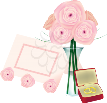 Royalty Free Clipart Image of Roses in a Vase, a Place Card and Rings in a Box