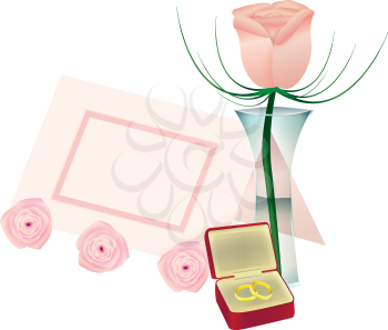 Royalty Free Clipart Image of a Flower in a Vase, Wedding Rings and a Place Card