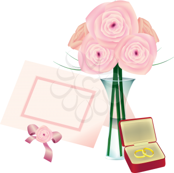 Royalty Free Clipart Image of Flowers, a Place Card and Rings