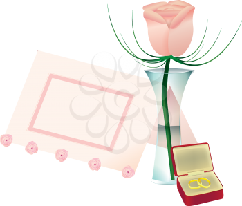 Royalty Free Clipart Image of a Flower in a Vase, a Place Card and Rings in a Box