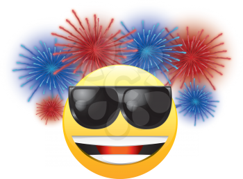 Royalty Free Clipart Image of a Happy Face in Sunglasses With Fireworks