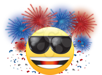 Royalty Free Clipart Image of a Happy Face in Sunglasses With Fireworks and Streamers