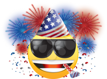Royalty Free Clipart Image of a Celebrating American Happy Face With Streamers and Fireworks