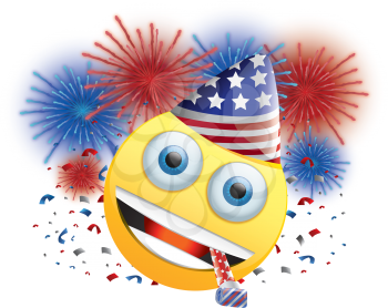 Royalty Free Clipart Image of a Celebrating American Happy Face With Fireworks and Streamers