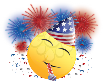 Royalty Free Clipart Image of a Celebrating American Happy Face With Fireworks and Streamers