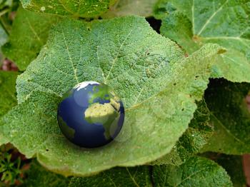 3d Blue earth on a green leaf -