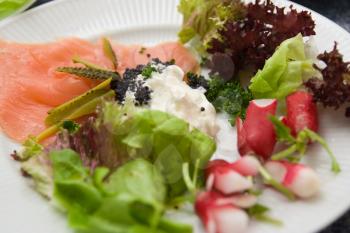 Smoked salmon with salad in a plate