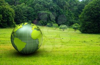 3d glossy green globe in a prairie