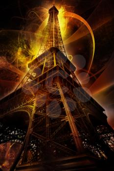 Futuristic picture of the Eiffel tower with glowing swirls