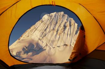 Royalty Free Photo of a View of a Mountain From Inside a Tent