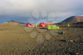Royalty Free Photo of a Camp in Volcanic Desert in Kamchatka Russia