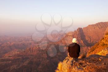 Royalty Free Photo of a Hiker in the Simien Mountains, Ethiopia