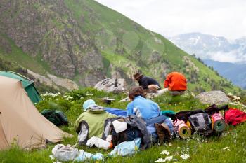 Royalty Free Photo of a Group of Hikers Making Camp