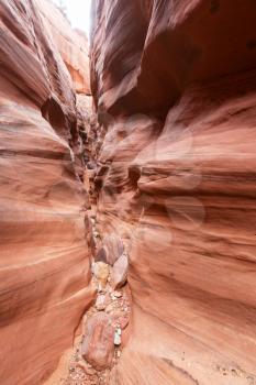 Slot canyon in Grand Staircase Escalante National park, Utah, USA. Unusual colorful sandstone formations in deserts of Utah are popular destination for hikers.