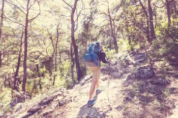 Hiking in famous Lycian Way in the Turkey. Backpacker in the trail. 