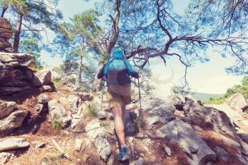 Hiking in famous Lycian Way in the Turkey. Backpacker in the trail.