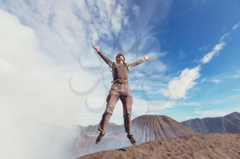 Jumping man in volcanic mountains, Bromo, Indonesia