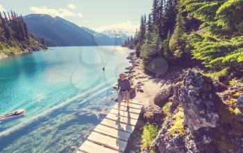 Hike to turquoise waters of picturesque Garibaldi Lake near Whistler, BC, Canada. Very popular hike destination in British Columbia.