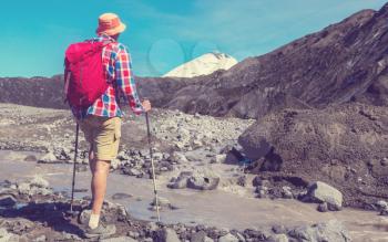 Man in hike in volcanoes region (Araucania) in Chile, South America