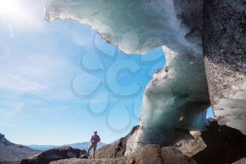 Ice cavern in glacier in the Chile mountains