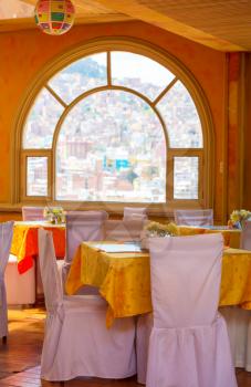 Restaurant interior indoor in yellow colors