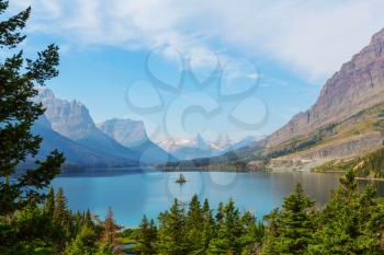 Famous natural view of a Goose island in Glacier National Park, Montana, United States.
