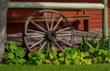 Rustic decor in garden- wooden retro wheel 