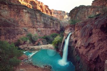 Hawasu waterfall in the Havasupai Reservation in Supai, Arizona in the Southwest corner of the Grand Canyon. 