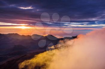 Beautiful sunrise scene  on  Haleakala volcano, Maui island, Hawaii