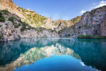 Beautiful serene lake in  Fann mountains (branch of Pamir) in Tajikistan.