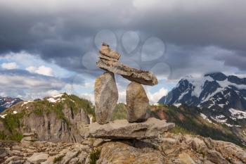 Stack of rocks called a cairn in high mountains
