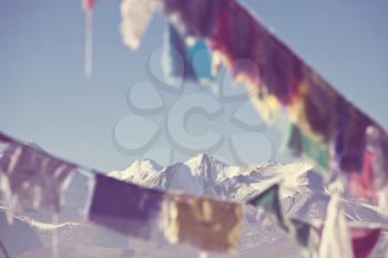 Prayer flags in Himalaya  mountains, Tibet