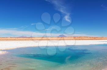 Salt water pool in Salinas Grandes Salt Flat - Jujuy, Argentina. Unusual natural landscapes.