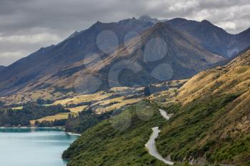 Amazing natural landscapes in New Zealand. Mountains lake at sunset.