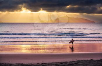 Surfing scene in New Zealand coast, sunrise time
