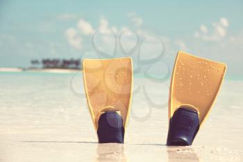 Flippers on sand at sea edge in Maldives island
