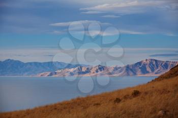 Scenic view of the Great Salt Lake landscape at sunset