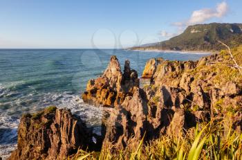 Punakaki Pancake Rocks in Paparoa National Park, West Coast, South Island, New Zealand . Beautiful natural landscapes
