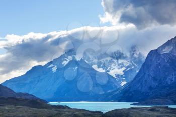 Beautiful mountain landscapes in Torres Del Paine National Park, Chile. World famous hiking region.