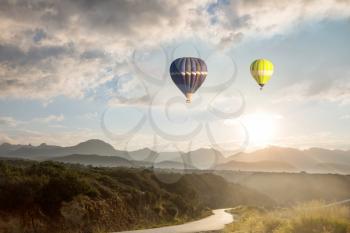 Balloons above . Travel natural background. travel freedom flight
