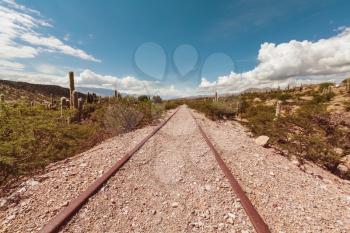 Railway in the arid and dry desert in Argentina, South America