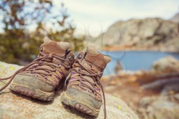trekking boots close up in mountains