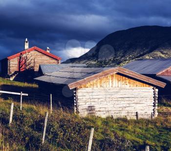 wooden huts in Norway mountains
