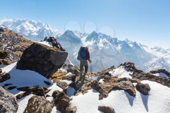 Hiker in Himalayas mountain. Nepal