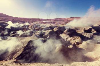 Fantastic Southamerican  landscapes.Deserts,volcanoes,geysers. Geyser Sol de Manana, Bolivia.